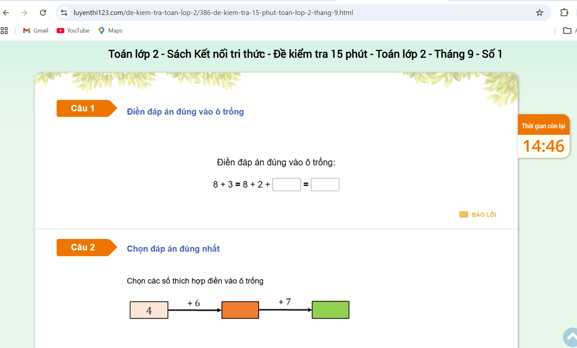 Màn hình làm đề kiểm tra Toán lớp 2 trên Luyenthi123.com
