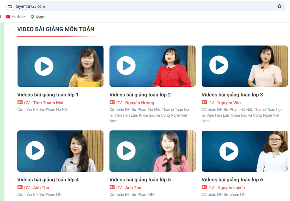 Danh sách video bài giảng môn Toán trên Luyenthi123.com