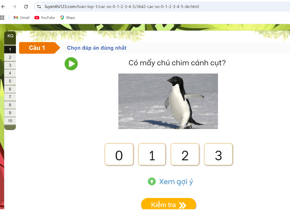 Màn hình làm bài tập Toán lớp 1 trên Luyenthi123.com