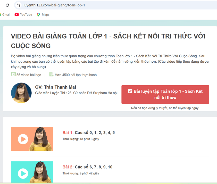 Video bài giảng Toán lớp 1 trên Luyenthi123.com