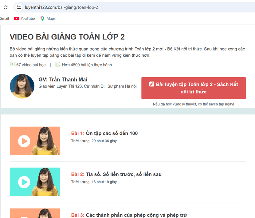 Video bài giảng Toán lớp 2 trên Luyenthi123.com