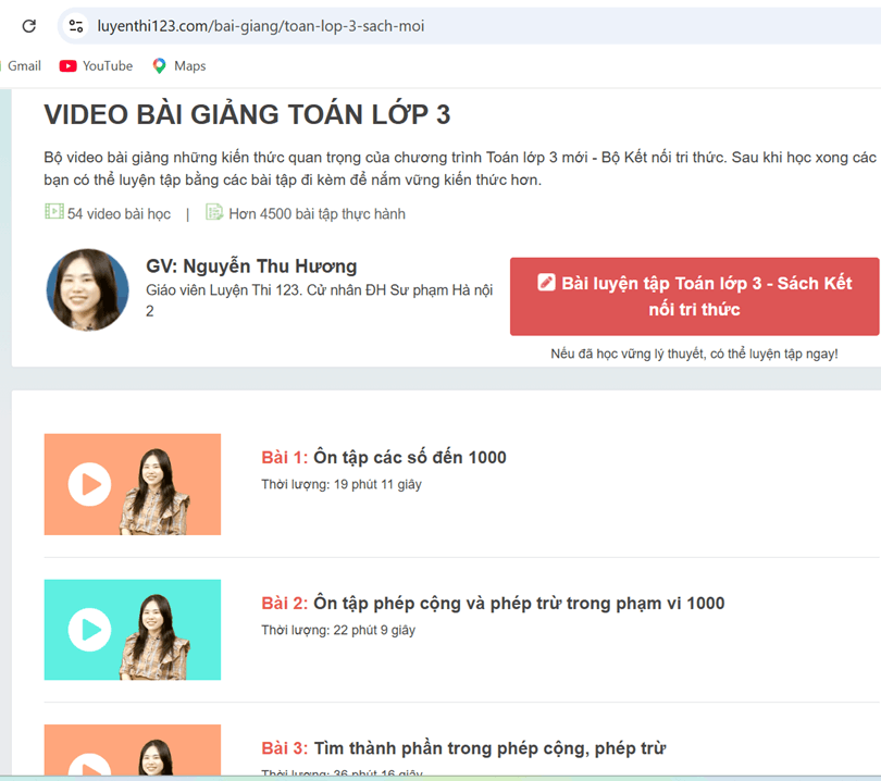 Video bài giảng Toán lớp 3 trên Luyenthi123.com