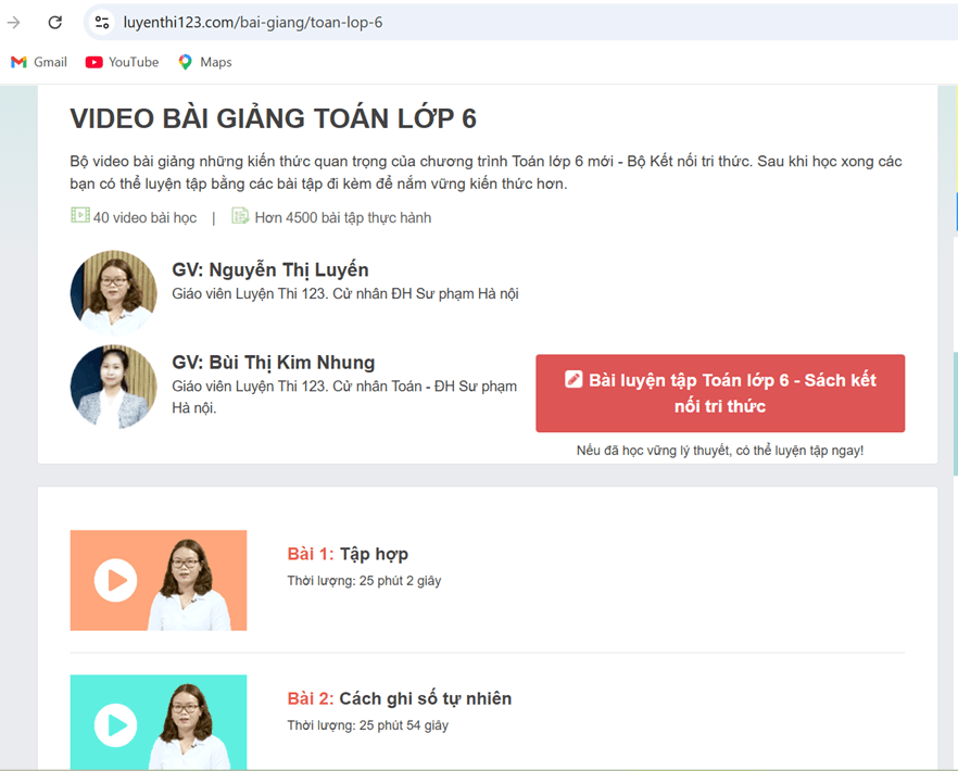 Video bài giảng Toán lớp 6 trên Luyenthi123.com