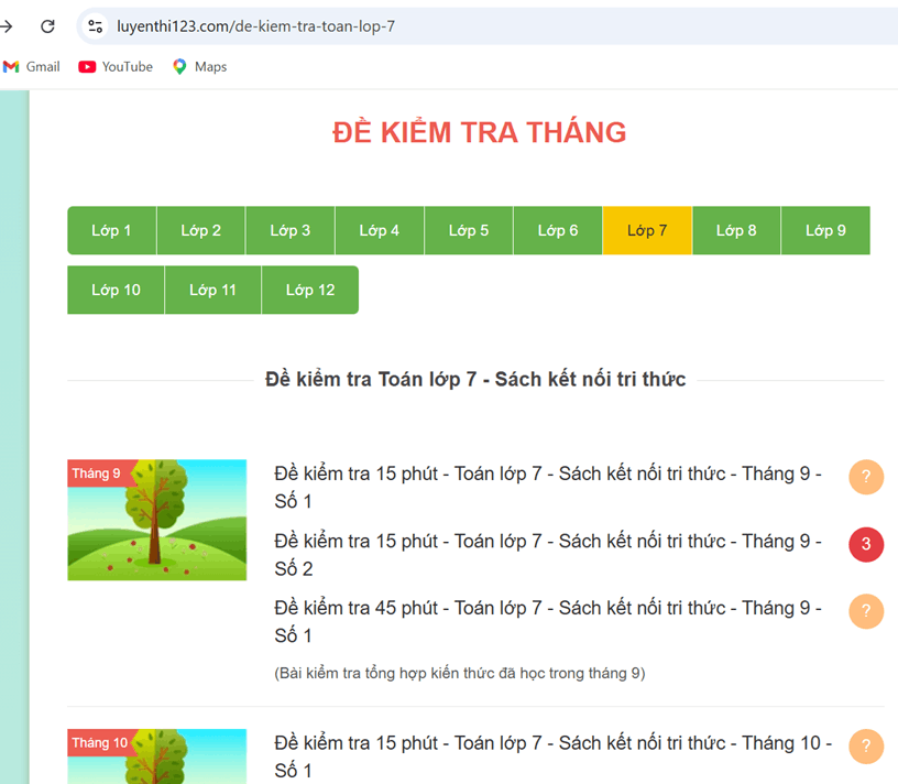 Danh sách đề kiểm tra Toán lớp 7