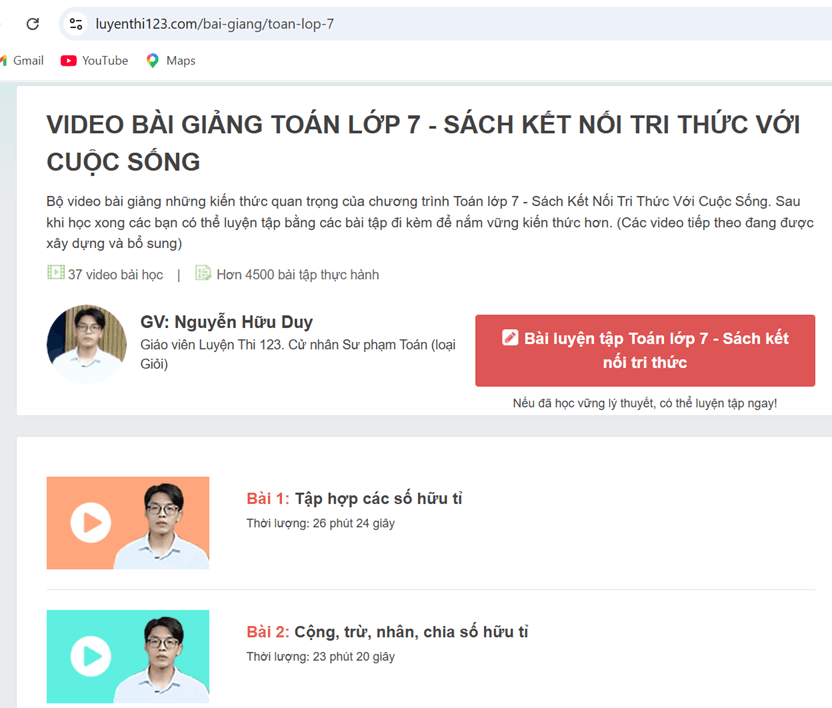 Video bài giảng Toán lớp 7 trên Luyenthi123.com