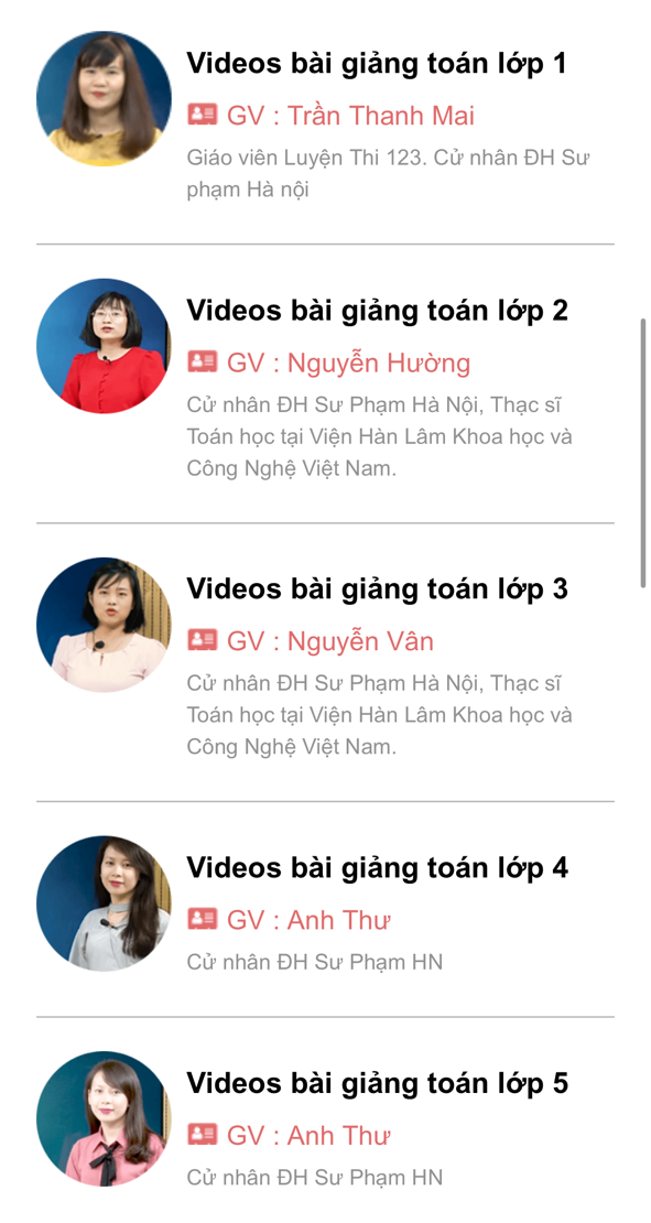Danh sách video bài giảng Toán và giáo viên trên Luyenthi123.com